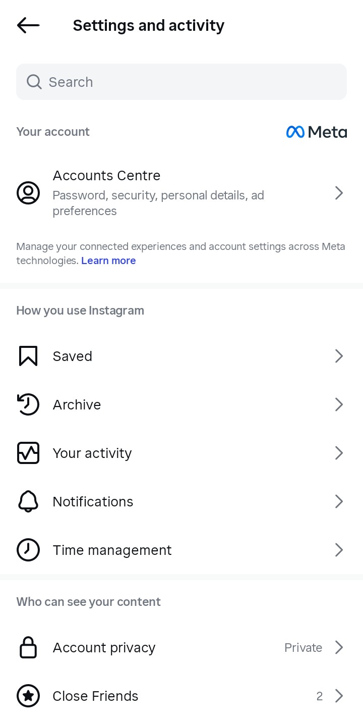 Menu Setelan dan Privasi